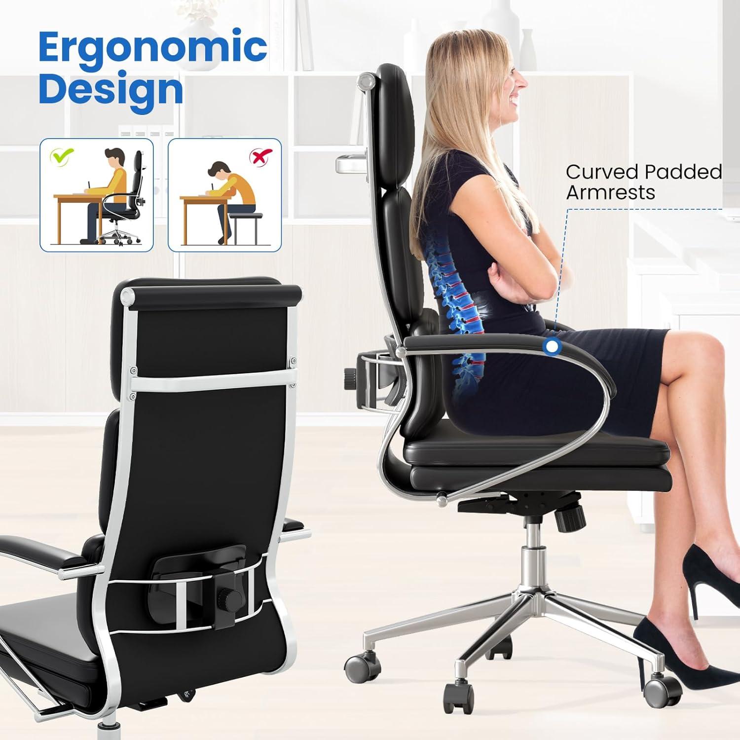 image:imageGiantex Ribbed Office Chair High Back Ergonomic Desk Chair with Wheels amp Rocking Function Swivel Leather Desk Chair wArms amp Removable Lumbar Support amp Seat Cushions Modern Executive Chair Black