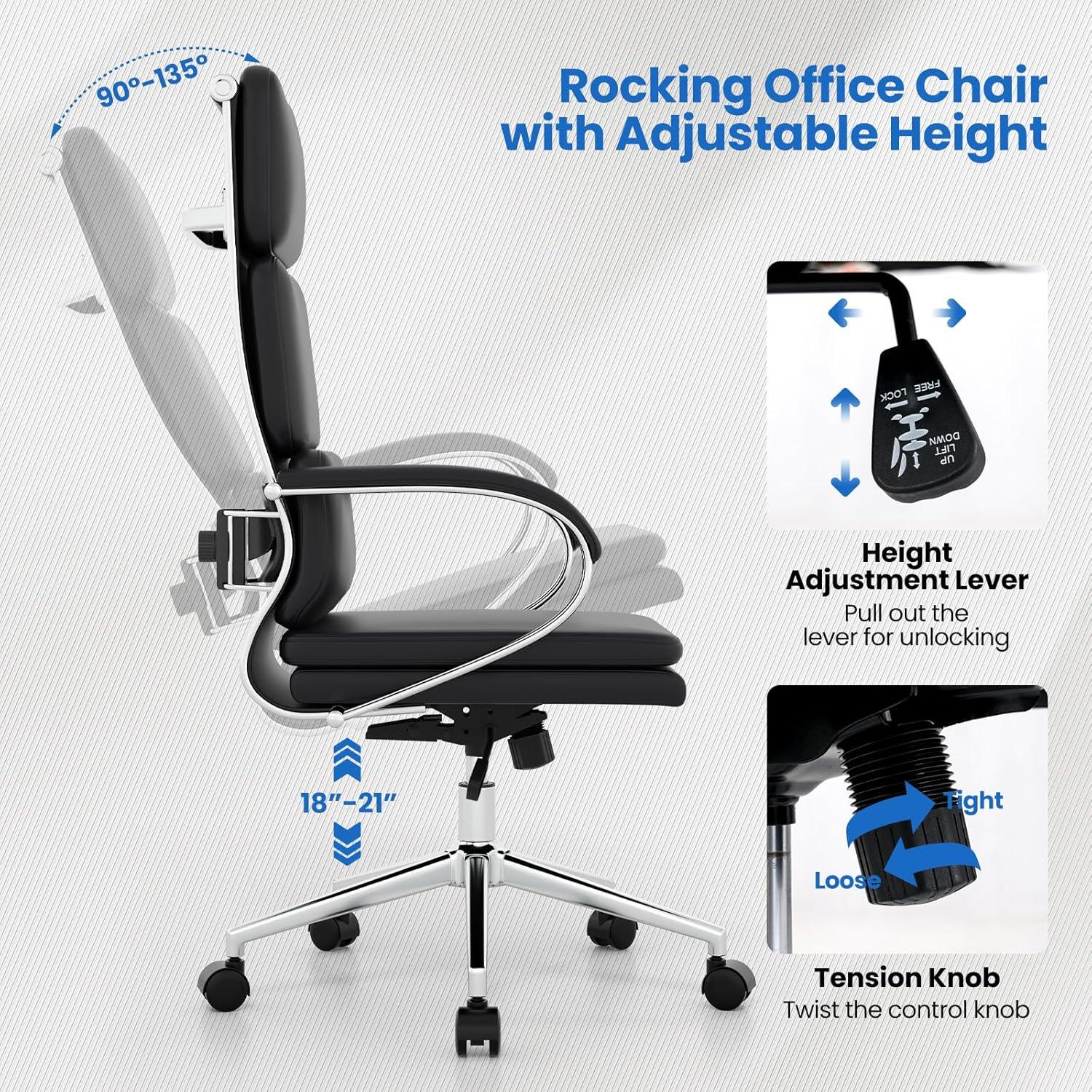 image:imageGiantex Ribbed Office Chair High Back Ergonomic Desk Chair with Wheels amp Rocking Function Swivel Leather Desk Chair wArms amp Removable Lumbar Support amp Seat Cushions Modern Executive Chair Black