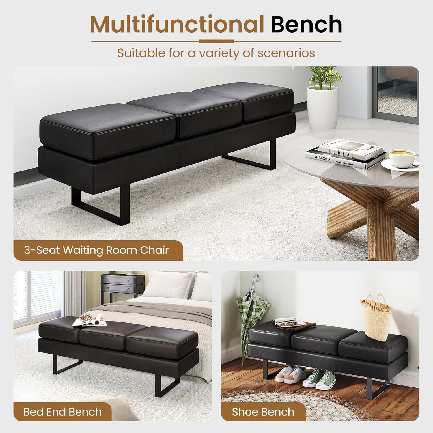 image:imageGiantex Waiting Room Bench Faux Leather Office Guest Chair with 3 Seats 660 Lbs Capacity Metal Frame Reception Chair Upholstered Bench for Lobby Conference Room Entryway Dining Room BlackBlack