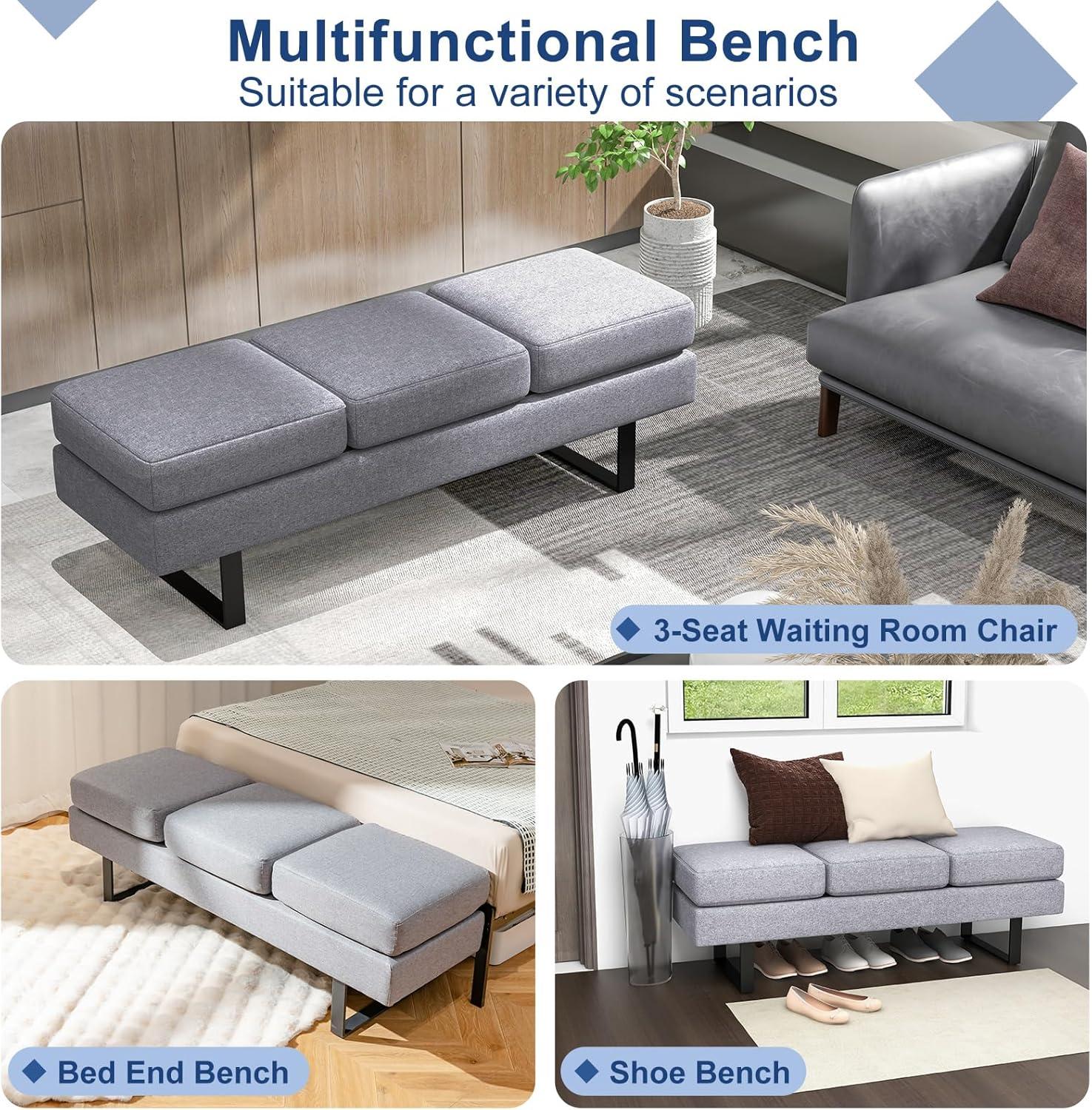 image:imageGiantex Waiting Room Bench Faux Leather Office Guest Chair with 3 Seats 660 Lbs Capacity Metal Frame Reception Chair Upholstered Bench for Lobby Conference Room Entryway Dining Room BlackGrey