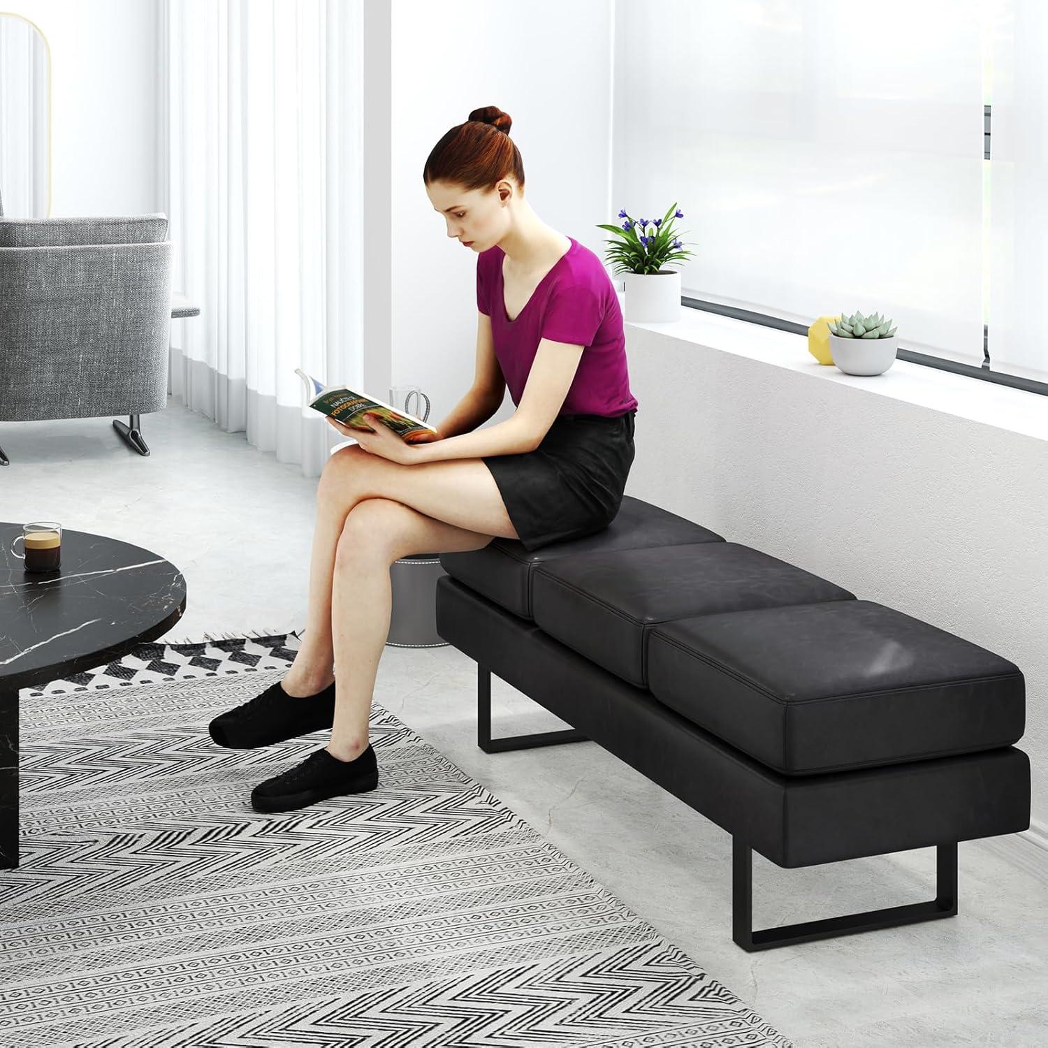 image:imageGiantex Waiting Room Bench Faux Leather Office Guest Chair with 3 Seats 660 Lbs Capacity Metal Frame Reception Chair Upholstered Bench for Lobby Conference Room Entryway Dining Room BlackBlack