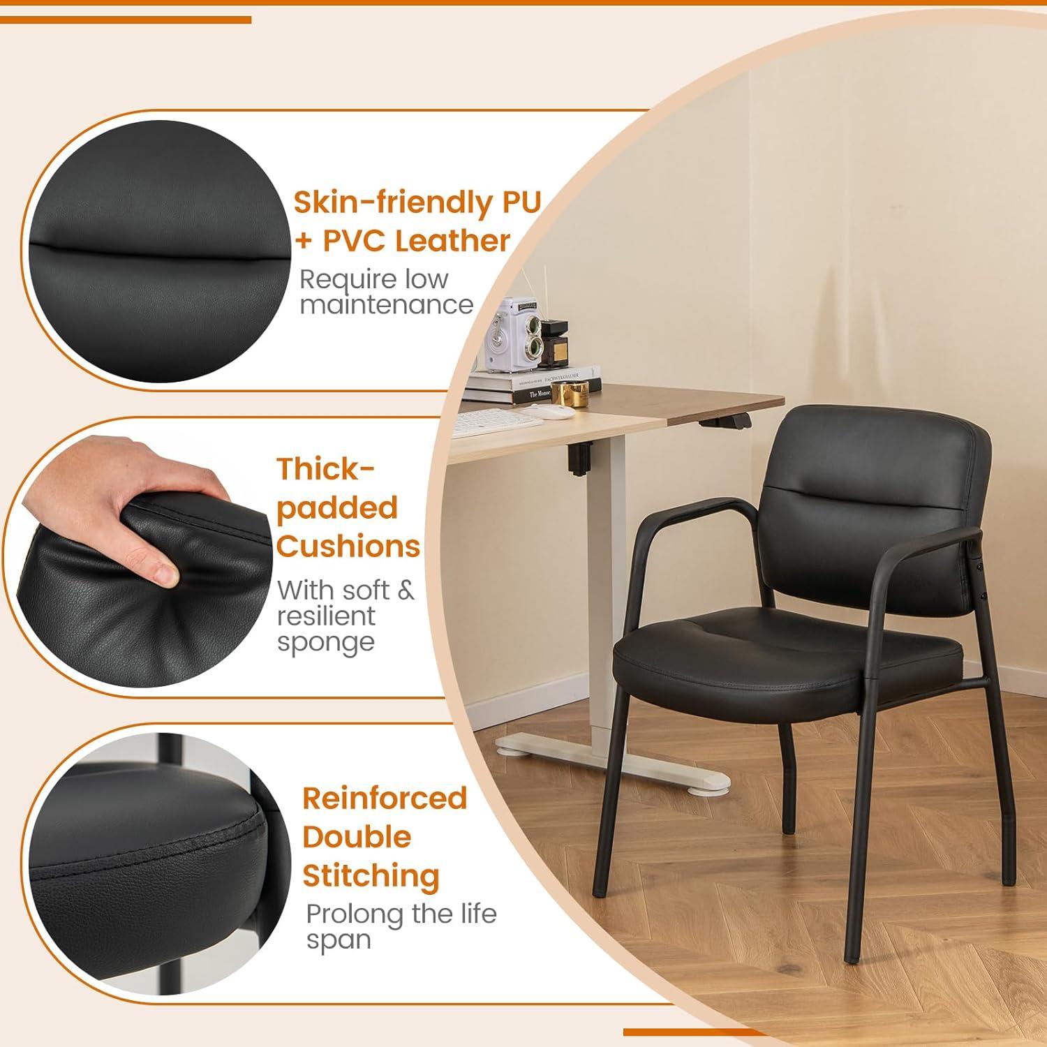 image:imageGiantex Waiting Room Chair Set of 2 Upholstered Reception Chairs with Mixed PU Leather Integrated Armrests Conference Chair Office Guest Chairs No Wheels for Meeting Room Lobby Chairs 1 BlackBlack
