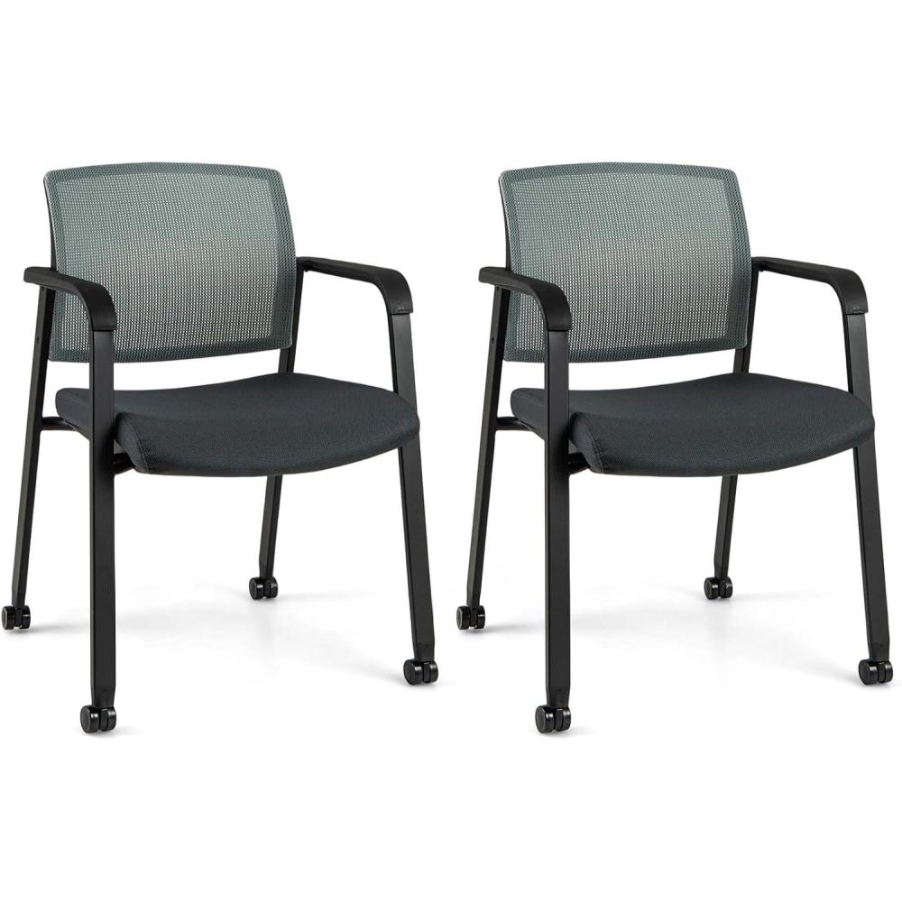 image:imageGiantex 2Pack Waiting Room Chair Set Rolling Office Desk Chairs with PU Wheels Armrests Stackable Guest Chair for Office School LobbyReception Conference BlackGrey