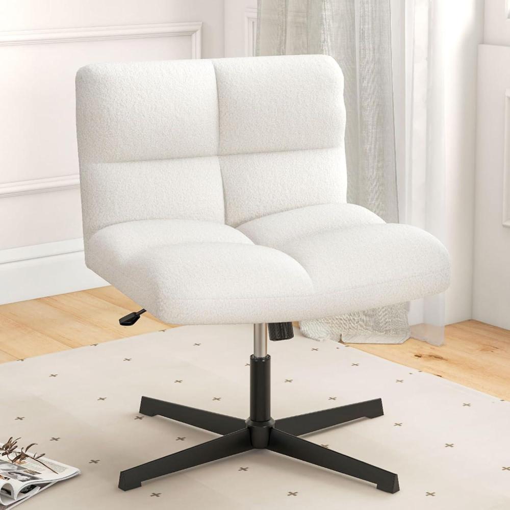 image:imageGiantex Criss Cross Chair Armless Cross Legged Office Chair Faux Fur Adjustable Swivel Ergonomic Desk Seat No Wheels Modern Wide Makeup Task Vanity Chair for Home Light GrayBeige