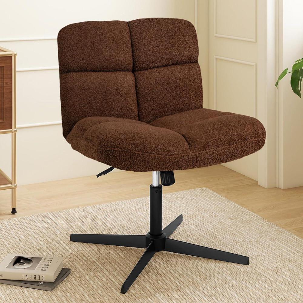 image:imageGiantex Criss Cross Chair Armless Cross Legged Office Chair Faux Fur Adjustable Swivel Ergonomic Desk Seat No Wheels Modern Wide Makeup Task Vanity Chair for Home Light GrayEspresso
