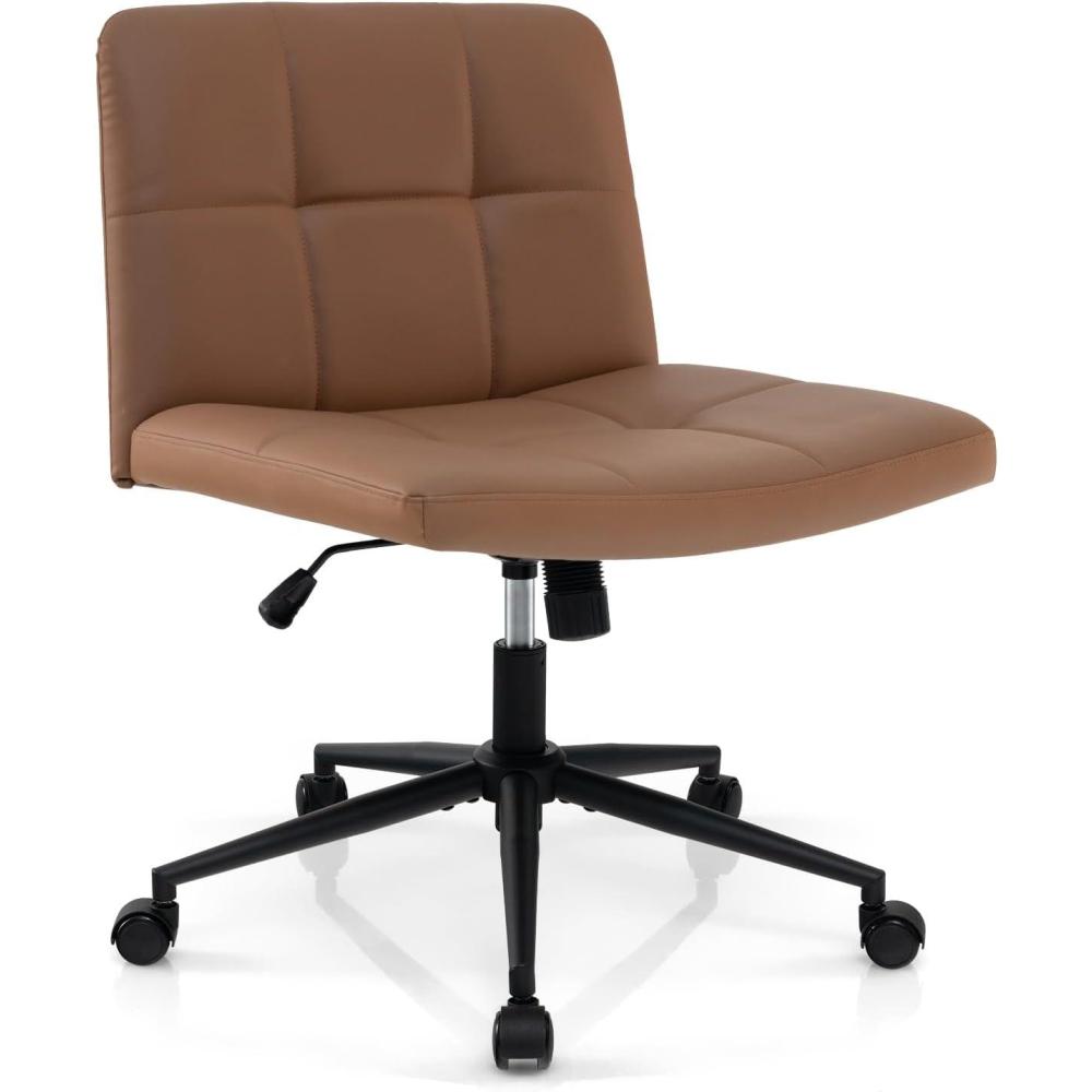 image:imageGiantex Criss Cross Chair with Wheels PU Leather Cross Legged Office Chair HeightAdjustable Swivel Vanity Chair with UShaped Seat Armless Wide Desk Chair for Home Office Make Up Brown