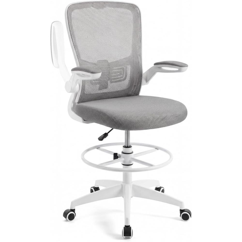 image:imageGiantex Ergonomic Drafting Chair Tall Office Chair with FlipUp Armrests Footrest Ring Height Adjustable Executive Task Chair Mesh Computer Standing Desk Chair Lumbar Support for Home Office PinkGrey