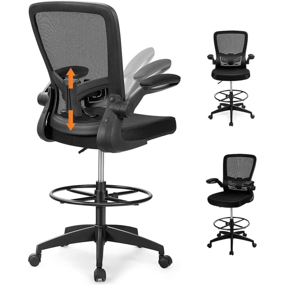 image:imageGiantex Ergonomic Drafting Chair Tall Office Chair with FlipUp Armrests Footrest Ring Height Adjustable Executive Task Chair Mesh Computer Standing Desk Chair Lumbar Support for Home Office PinkBlack