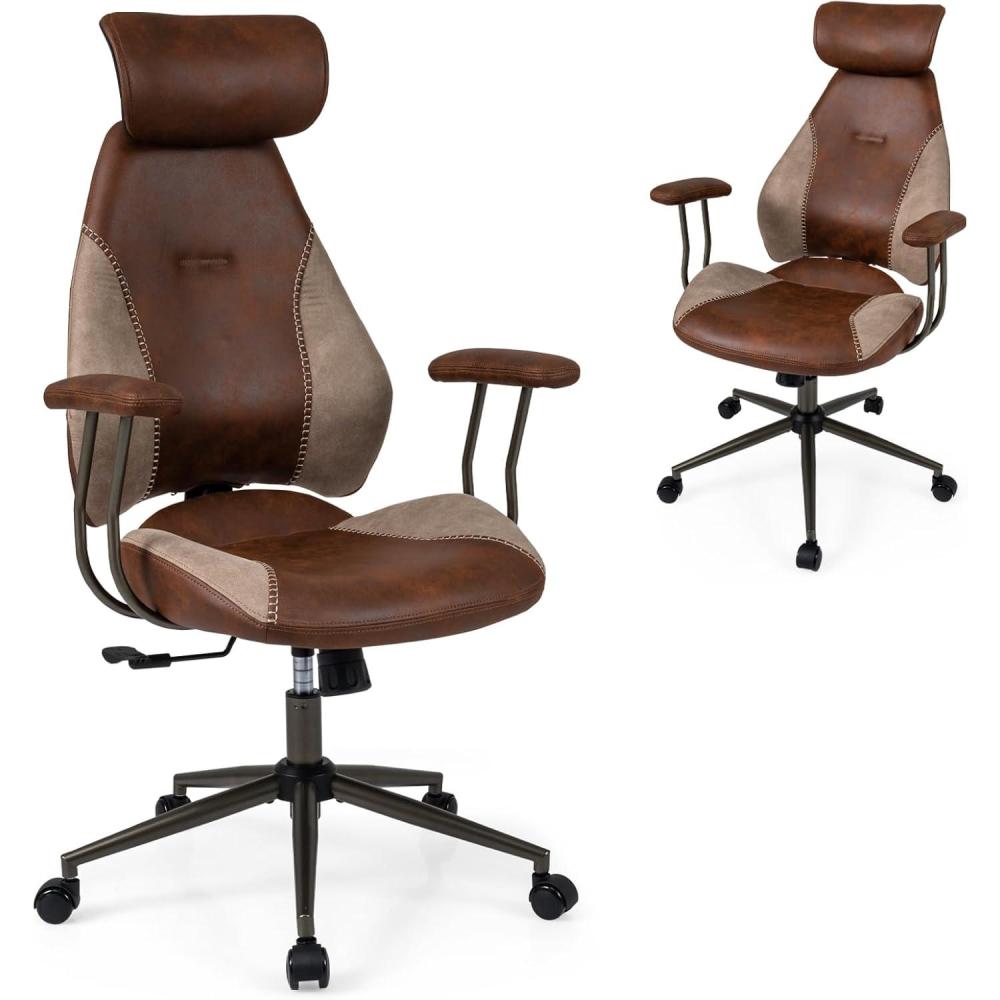 image:imageGiantex Ergonomic Office Chair Mid Century Modern Fabric Computer Desk Chair with 2D Headrest Rocking Backrest amp Wheels Vintage High Back Rolling Chair for Executive BlueBrown