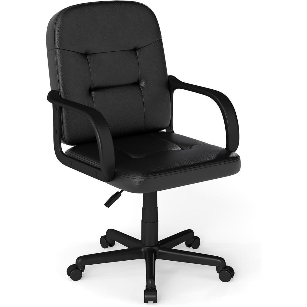image:imageGiantex Leather Office Chair PU Ergonomic Desk Chair with Mid Back amp Curved Armrests Height Adjustable amp Rolling Computer Chair with Wheels for Gaming Working Black