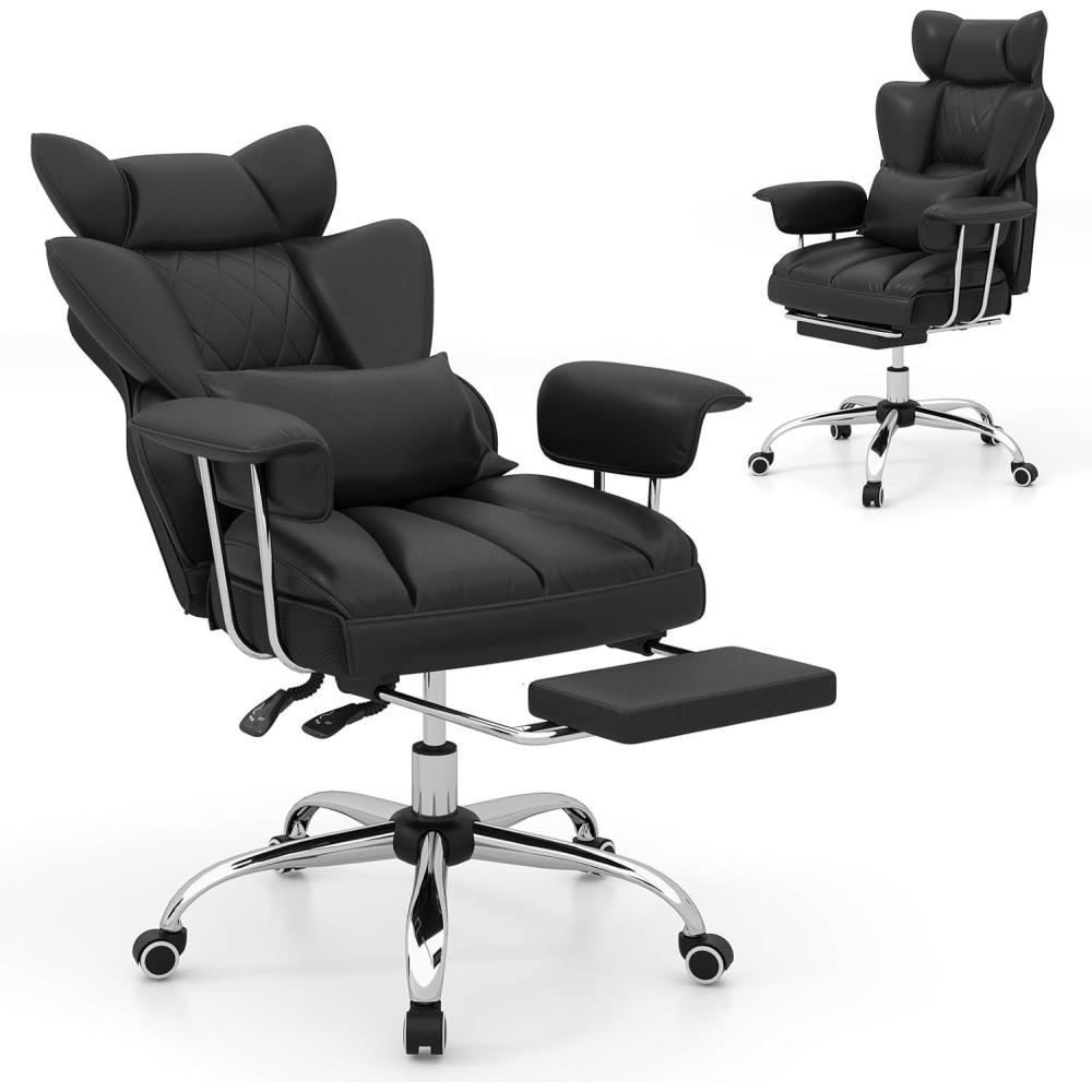image:imageGiantex Office Desk Chair Big and Tall Executive Office Chair with Foot Rest and Lumbar Support High Back Leather Swivel Computer Task Chair Large Ergonomic Reclining Home Office Chair WhiteBlack