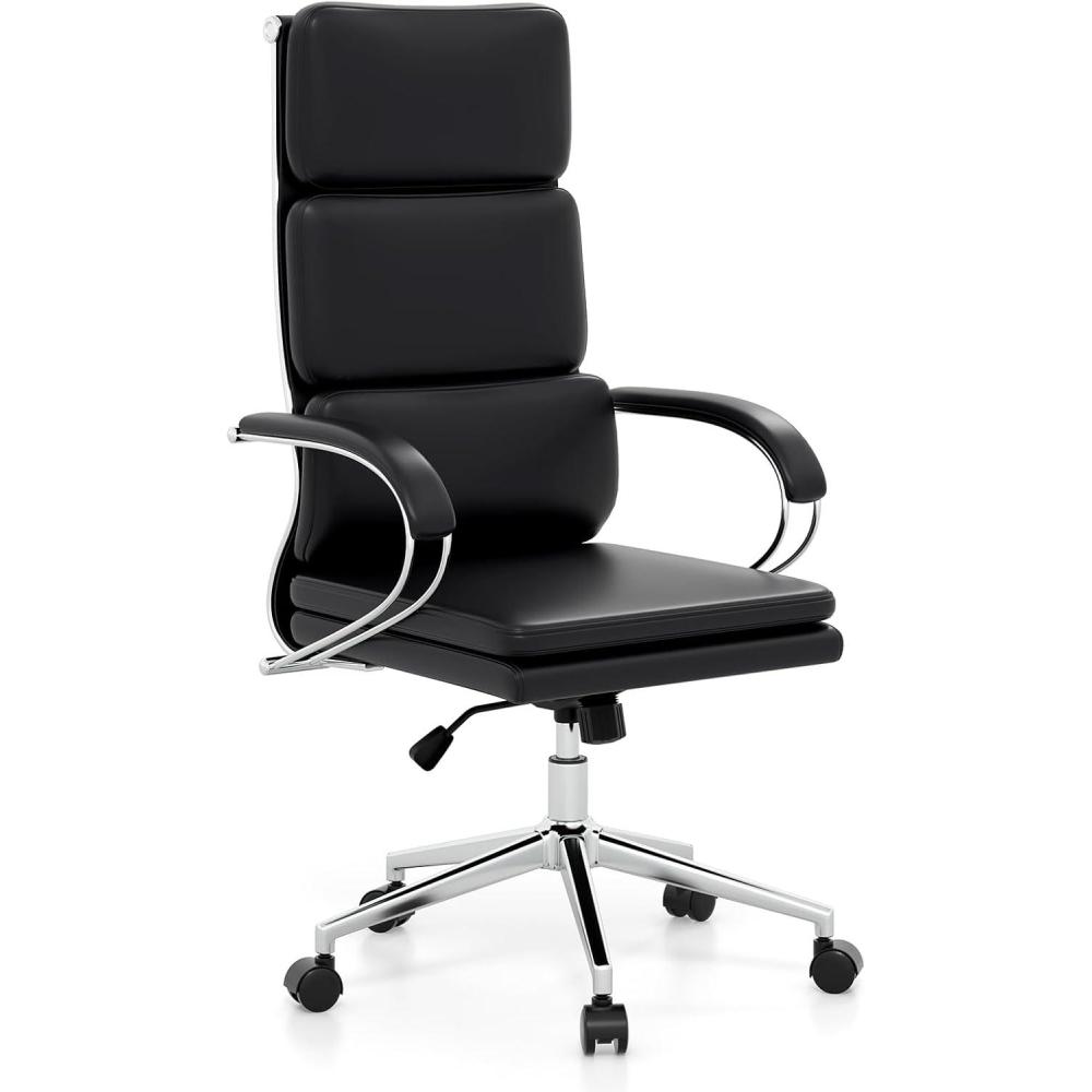image:imageGiantex Ribbed Office Chair High Back Ergonomic Desk Chair with Wheels amp Rocking Function Swivel Leather Desk Chair wArms amp Removable Lumbar Support amp Seat Cushions Modern Executive Chair Black