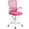 Giantex Ergonomic Drafting Chair Tall Office Chair with Flip-Up Armrests Footrest Ring Height Adjustable Executive Task Chair Mesh Computer Standing Desk Chair Lumbar Support for Home Office (Pink)(Pink)