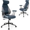 Giantex Ergonomic Office Chair, Mid Century Modern Fabric Computer Desk Chair with 2D Headrest, Rocking Backrest & Wheels, Vintage High Back Rolling Chair for Executive, Blue(Grey)