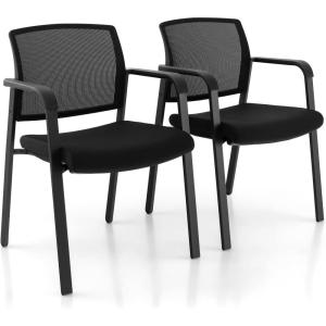 Giantex 2-Pack Reception Room Chair Set with Mesh Back, Metal Frame & Padded Seat, Armrests, No Wheels, Stacking Guest Chairs for Office, Waiting Room, Lobby, Meeting, Black(2)
