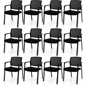 Giantex 2-Pack Reception Room Chair Set with Mesh Back, Metal Frame & Padded Seat, Armrests, No Wheels, Stacking Guest Chairs for Office, Waiting Room, Lobby, Meeting, Black(12)