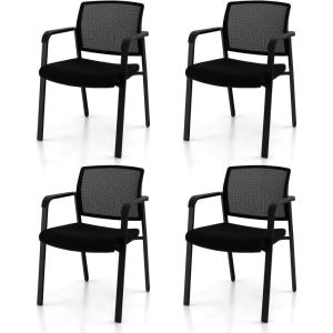 Giantex 2-Pack Reception Room Chair Set with Mesh Back, Metal Frame & Padded Seat, Armrests, No Wheels, Stacking Guest Chairs for Office, Waiting Room, Lobby, Meeting, Black(4)
