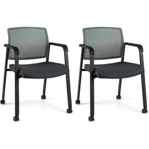 Giantex 2-Pack Waiting Room Chair Set, Rolling Office Desk Chairs with PU Wheels, Armrests, Stackable Guest Chair for Office, School, Lobby,Reception, Conference, Black(Grey)