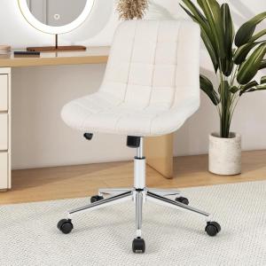 Giantex Armless Office Chair, Modern Faux Fur White Vanity Chair with Wheels & Adjustable Height, 360° Rolling Swivel Task Computer Seat, Home Office Desk Chair for Makeup Bedroom Small Space(White)
