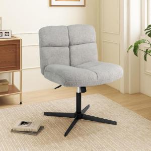 Giantex Criss Cross Chair, Armless Cross Legged Office Chair, Faux Fur Adjustable Swivel Ergonomic Desk Seat No Wheels, Modern Wide Makeup Task Vanity Chair for Home, Light Gray(Light Gray)
