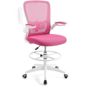 Giantex Ergonomic Drafting Chair Tall Office Chair with Flip-Up Armrests Footrest Ring Height Adjustable Executive Task Chair Mesh Computer Standing Desk Chair Lumbar Support for Home Office (Pink)(Pink)