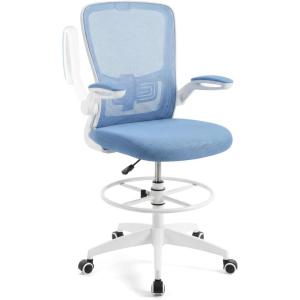 Giantex Ergonomic Drafting Chair Tall Office Chair with Flip-Up Armrests Footrest Ring Height Adjustable Executive Task Chair Mesh Computer Standing Desk Chair Lumbar Support for Home Office (Pink)(Blue)