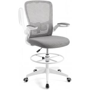 Giantex Ergonomic Drafting Chair Tall Office Chair with Flip-Up Armrests Footrest Ring Height Adjustable Executive Task Chair Mesh Computer Standing Desk Chair Lumbar Support for Home Office (Pink)(Grey)