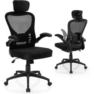 Giantex Ergonomic Mesh Office Chair, Home Office Desk Chair with Adjustable Headrest and Lumbar Support, Flip Up Armrests, Height Adjustable Executive Swivel Task Chair for Home Office, Study, Black