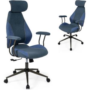 Giantex Ergonomic Office Chair, Mid Century Modern Fabric Computer Desk Chair with 2D Headrest, Rocking Backrest & Wheels, Vintage High Back Rolling Chair for Executive, Blue(Blue)