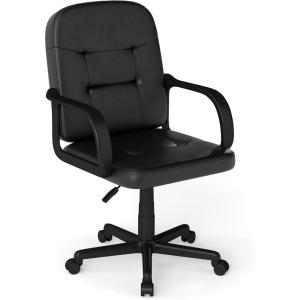 Giantex Leather Office Chair, PU Ergonomic Desk Chair with Mid Back & Curved Armrests, Height Adjustable & Rolling Computer Chair with Wheels for Gaming, Working, Black