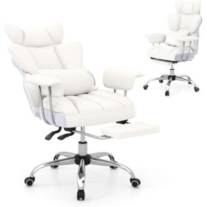Giantex Office Desk Chair, Big and Tall Executive Office Chair with Foot Rest and Lumbar Support, High Back Leather Swivel Computer Task Chair, Large Ergonomic Reclining Home Office Chair, White(White)
