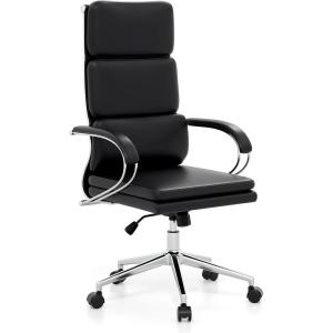 Giantex Ribbed Office Chair, High Back Ergonomic Desk Chair with Wheels & Rocking Function, Swivel Leather Desk Chair w/Arms & Removable Lumbar Support & Seat Cushions, Modern Executive Chair, Black