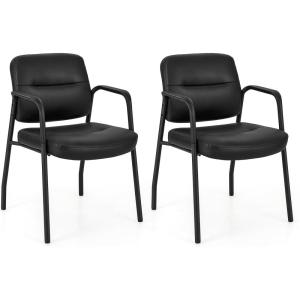 Giantex Waiting Room Chair Set of 2 – Upholstered Reception Chairs with Mixed PU Leather, Integrated Armrests, Conference Chair, Office Guest Chairs No Wheels for Meeting Room, Lobby Chairs (1, Black)(Black)