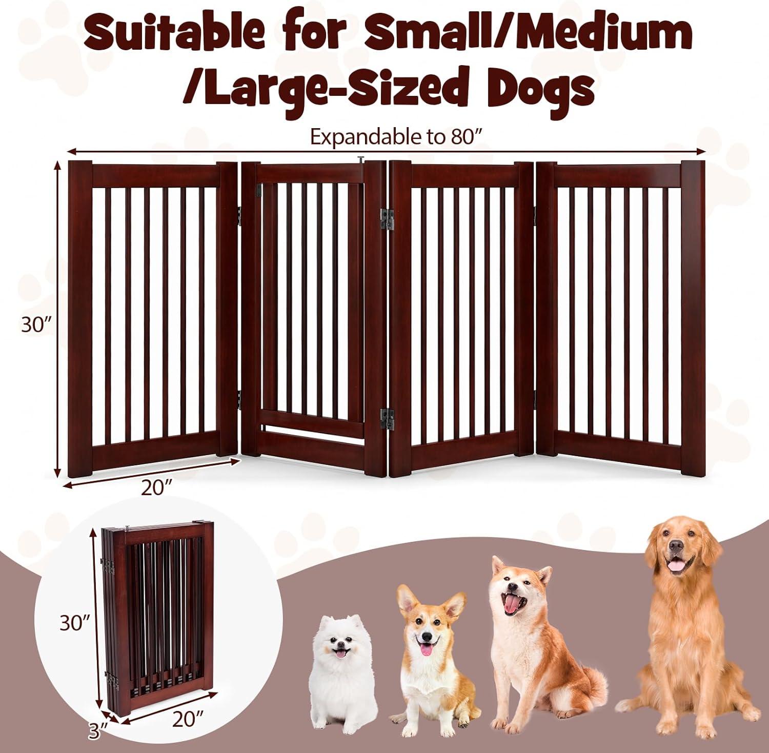image:imageGiantex Dog Gate with Door 30H 80W Wooden Pet Gate with Walk Through Door Foldable Freestanding 4 Panels Pet Safety Fence Extra Wide for Doorway Stairs House Deck Yard Dark Cherry BrownDark Cherry Brown