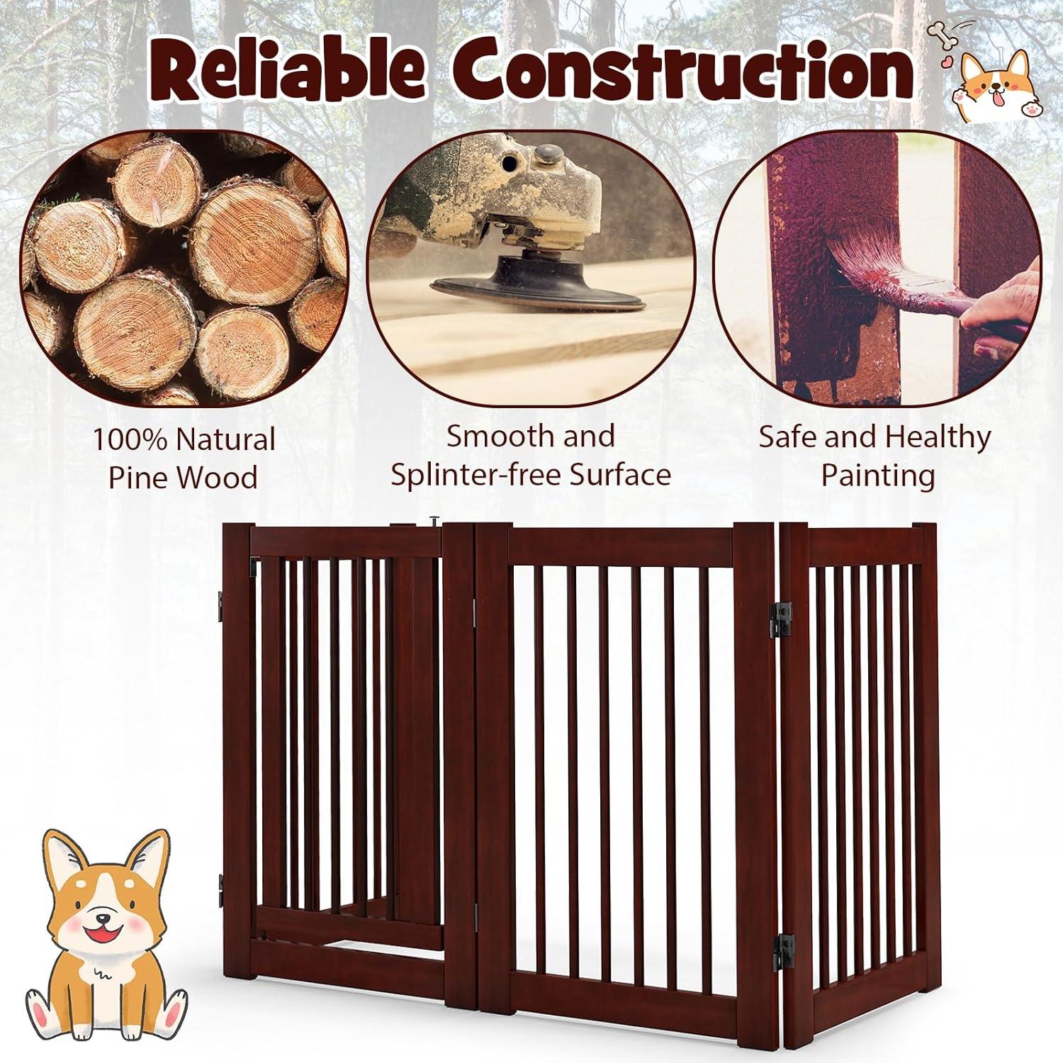 image:imageGiantex Dog Gate with Door 30H 80W Wooden Pet Gate with Walk Through Door Foldable Freestanding 4 Panels Pet Safety Fence Extra Wide for Doorway Stairs House Deck Yard Dark Cherry BrownDark Cherry Brown