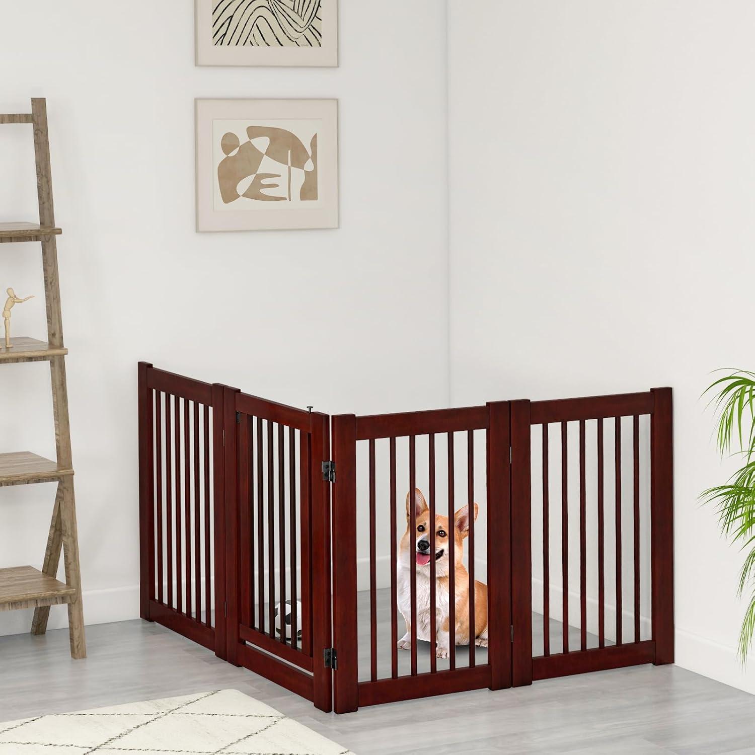 image:imageGiantex Dog Gate with Door 30H 80W Wooden Pet Gate with Walk Through Door Foldable Freestanding 4 Panels Pet Safety Fence Extra Wide for Doorway Stairs House Deck Yard Dark Cherry BrownDark Cherry Brown