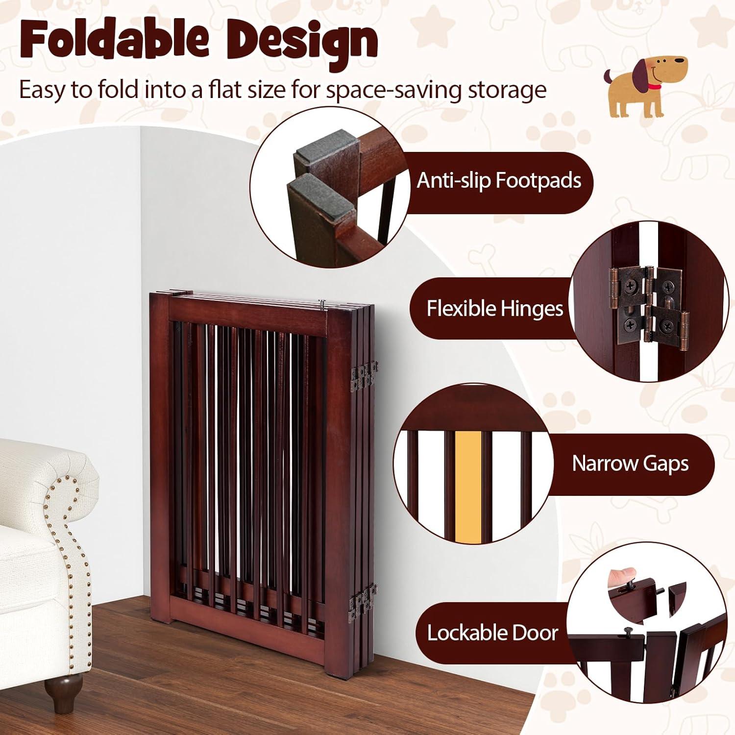 image:imageGiantex Dog Gate with Door 30H 80W Wooden Pet Gate with Walk Through Door Foldable Freestanding 4 Panels Pet Safety Fence Extra Wide for Doorway Stairs House Deck Yard Dark Cherry BrownDark Cherry Brown