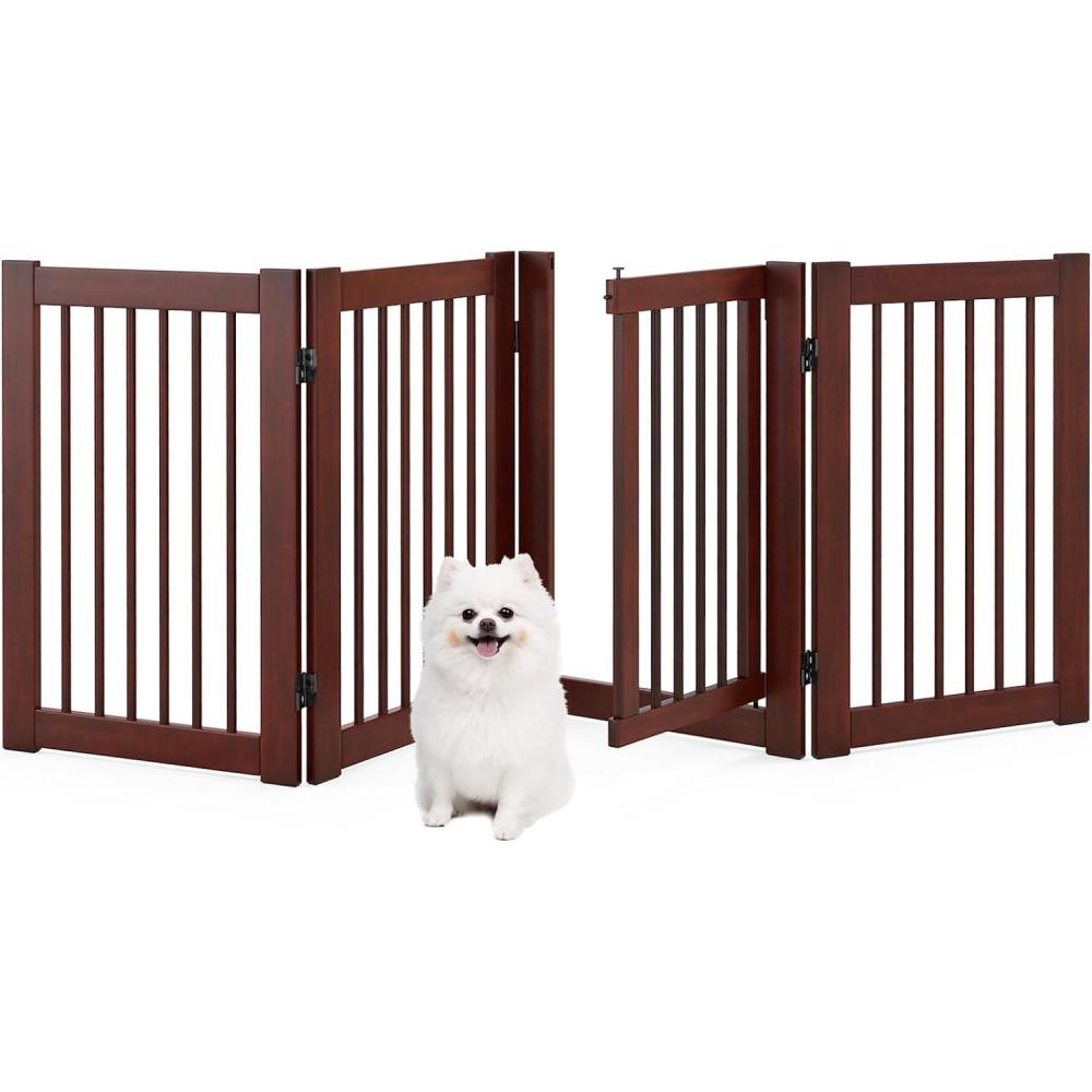 image:imageGiantex Dog Gate with Door  30H  80W Wooden Pet Gate with Walk Through Door Foldable Freestanding 4 Panels Pet Safety Fence Extra Wide for Doorway Stairs House Deck Yard Dark Cherry BrownDark Cherry Brown