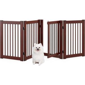 Giantex Dog Gate with Door – 30”H × 80”W Wooden Pet Gate with Walk Through Door, Foldable Freestanding 4 Panels Pet Safety Fence Extra Wide for Doorway Stairs House Deck Yard, Dark Cherry Brown(Dark Cherry Brown)