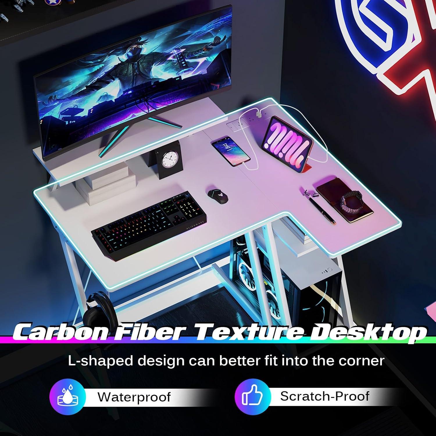 image:imageGiantex L Shaped Gaming Desk with Outlets amp USB Ports Small Computer Desk with Monitor Shelf Headphone Hook Storage Shelf amp Host Stand Corner Gamer Workstation for Home Office WhiteWhite