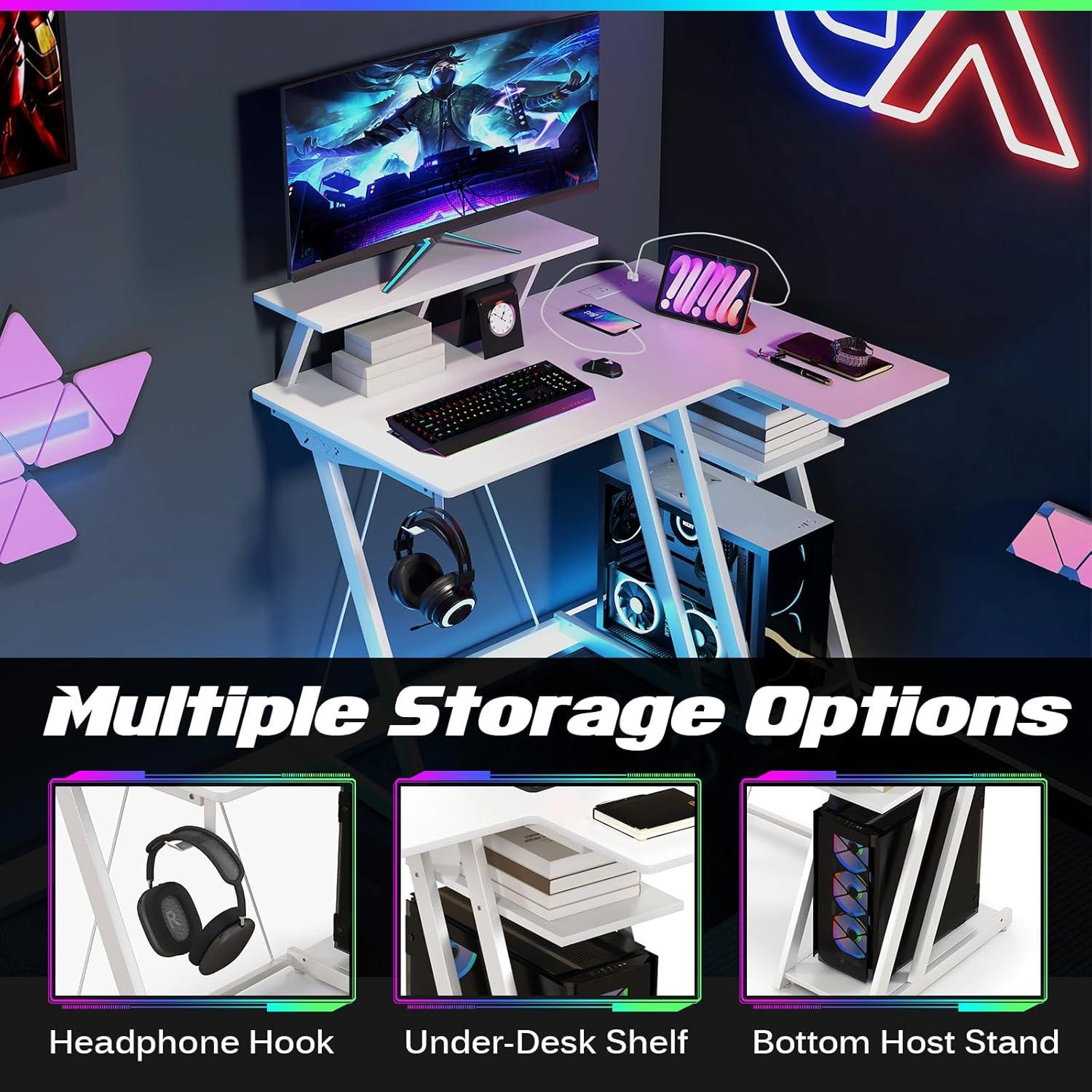 image:imageGiantex L Shaped Gaming Desk with Outlets amp USB Ports Small Computer Desk with Monitor Shelf Headphone Hook Storage Shelf amp Host Stand Corner Gamer Workstation for Home Office WhiteWhite