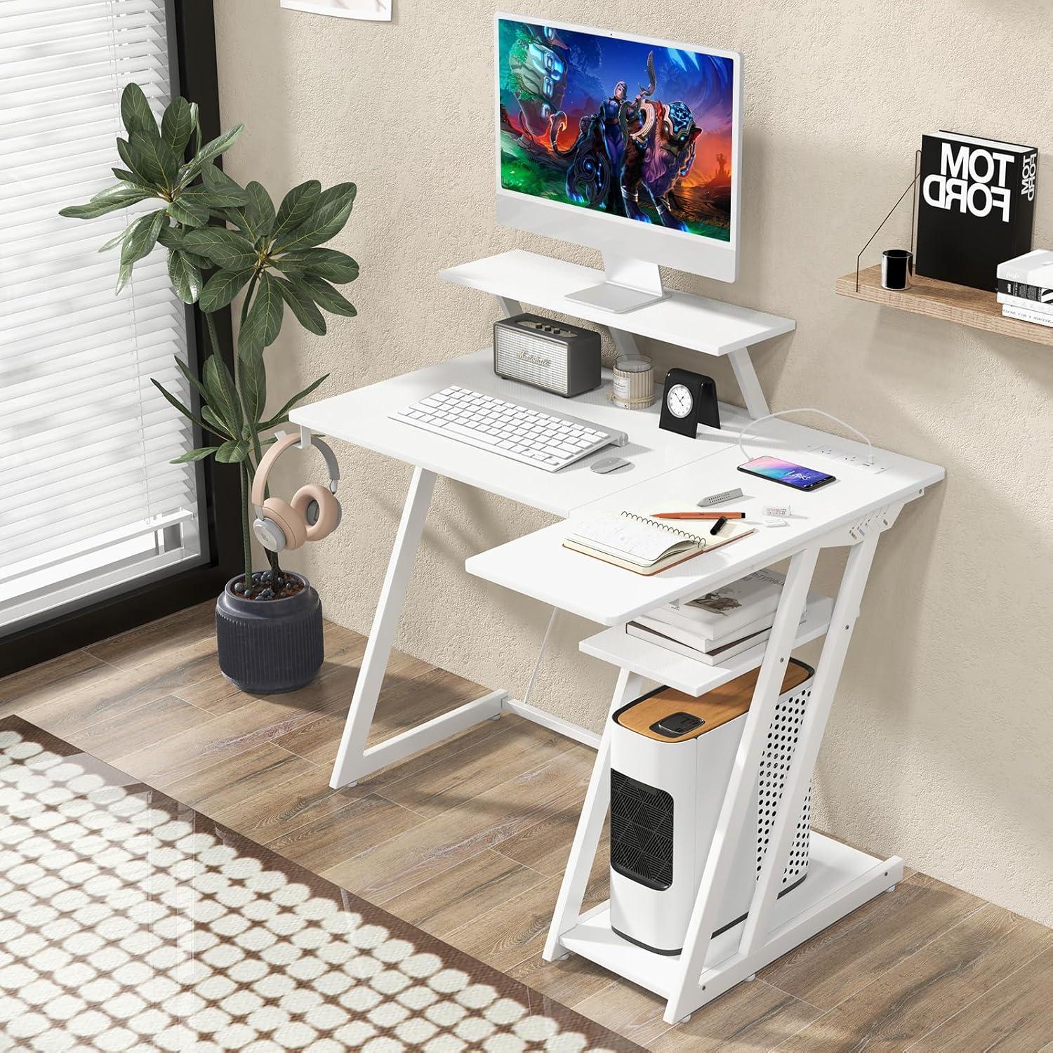 image:imageGiantex L Shaped Gaming Desk with Outlets amp USB Ports Small Computer Desk with Monitor Shelf Headphone Hook Storage Shelf amp Host Stand Corner Gamer Workstation for Home Office WhiteWhite