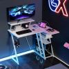 Giantex L Shaped Gaming Desk with Outlets & USB Ports, Small Computer Desk with Monitor Shelf, Headphone Hook, Storage Shelf & Host Stand, Corner Gamer Workstation for Home Office (White)(White)