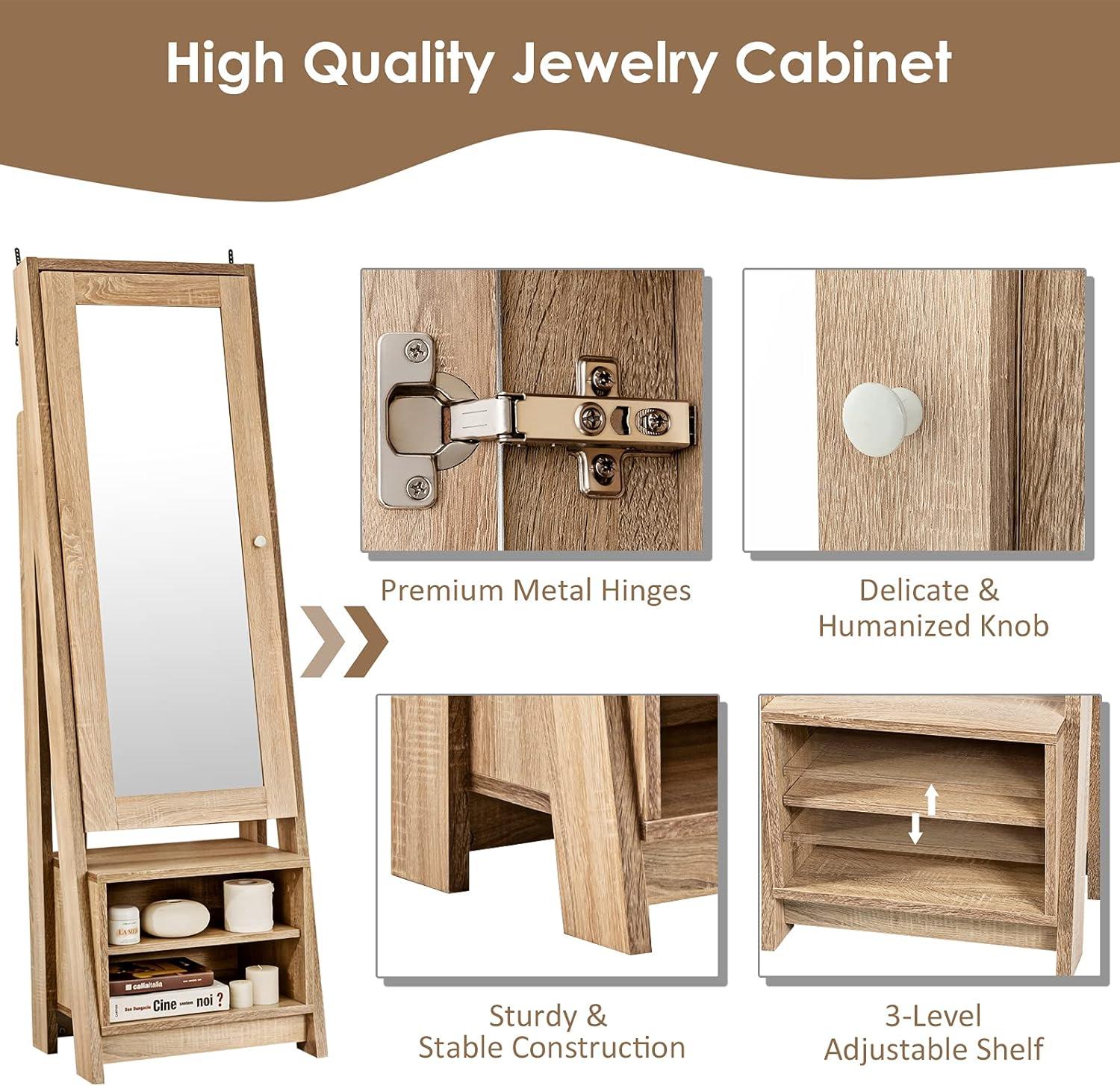 image:imageCHARMAID Large Armoire Cabinet With Full Length Mirror Standing Wooden Jewelry Organizer With Storage Shelves Modern Bedroom Makeup Storage Cabinet