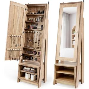 CHARMAID Large Armoire Cabinet With Full Length Mirror, Standing Wooden Jewelry Organizer With Storage Shelves, Modern Bedroom Makeup Storage Cabinet