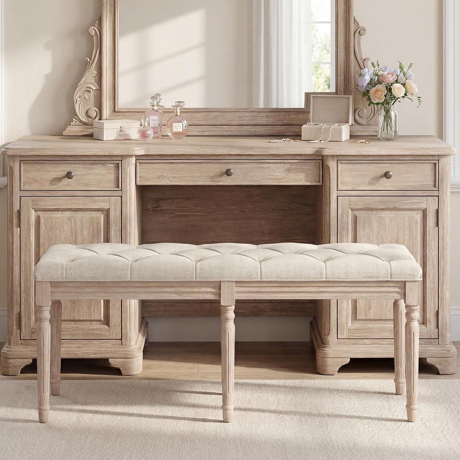 image:imageGiantex 475inches Upholstered Dining Bench ButtonTufted Table Bench with Carved Rubber Wood Legs Padded Seat Load 440Lbs Vintage End of Bed Ottoman for Entryway Living Room Bedroom 1BeigeBeige