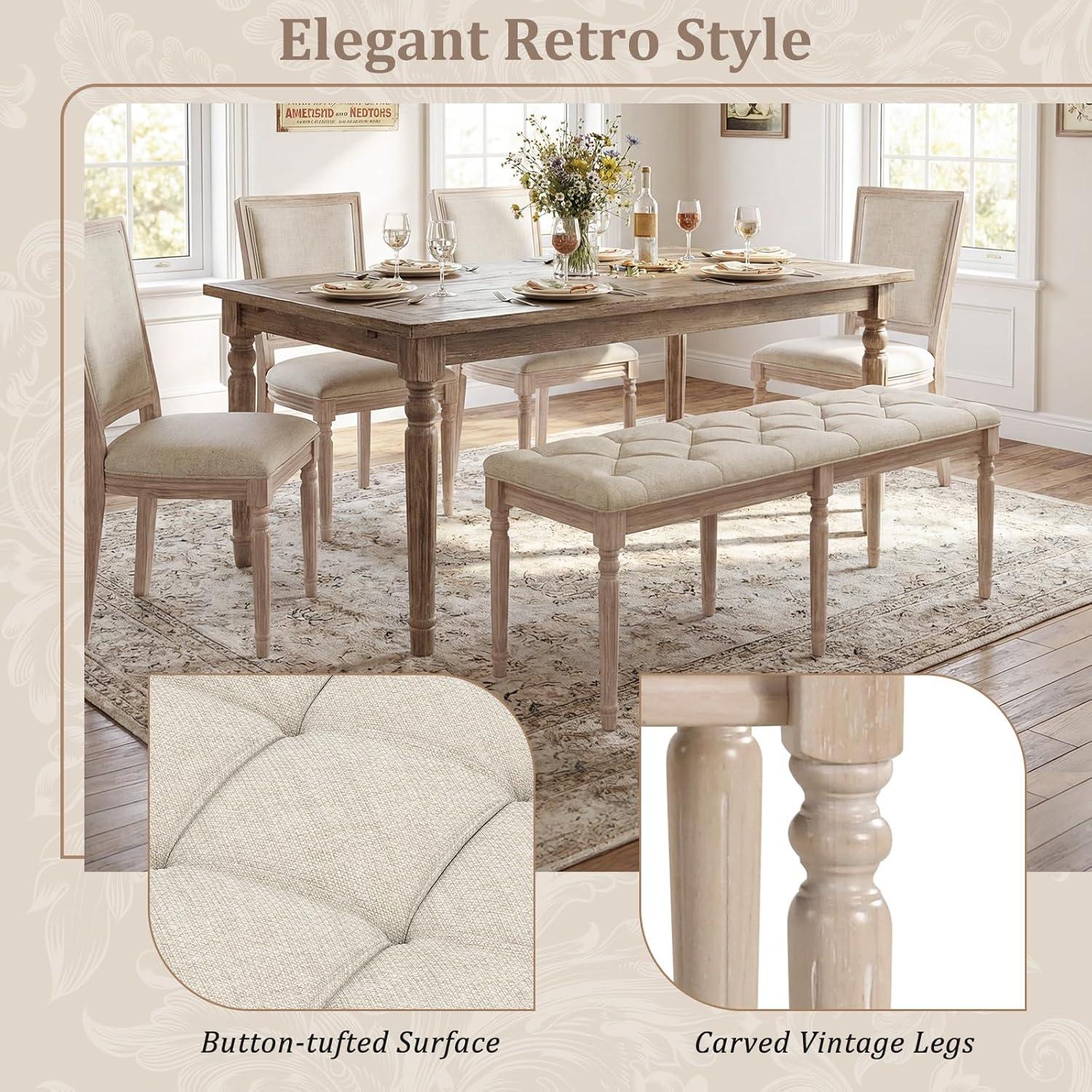 image:imageGiantex 475inches Upholstered Dining Bench ButtonTufted Table Bench with Carved Rubber Wood Legs Padded Seat Load 440Lbs Vintage End of Bed Ottoman for Entryway Living Room Bedroom 1BeigeBeige