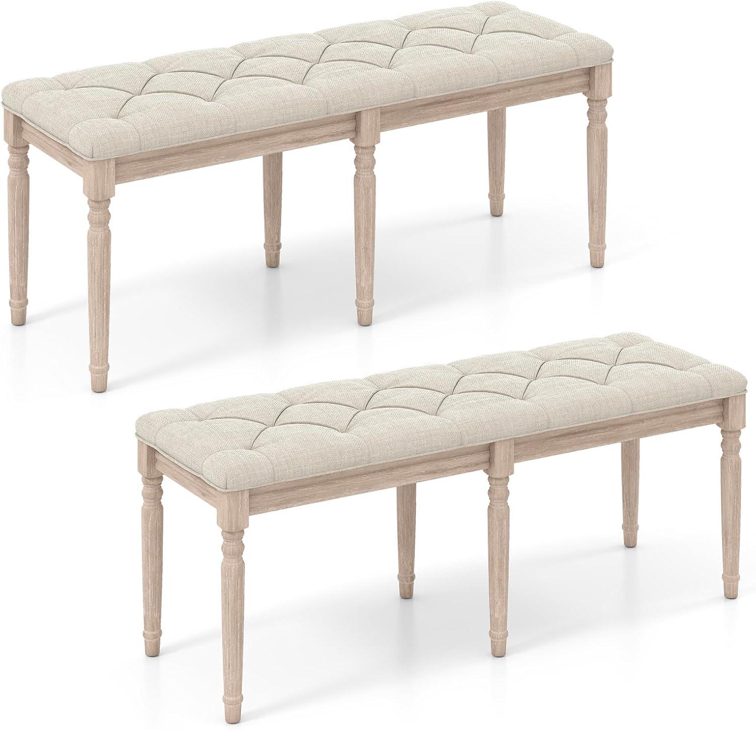 image:imageGiantex 475inches Upholstered Dining Bench ButtonTufted Table Bench with Carved Rubber Wood Legs Padded Seat Load 440Lbs Vintage End of Bed Ottoman for Entryway Living Room Bedroom 1BeigeBeige