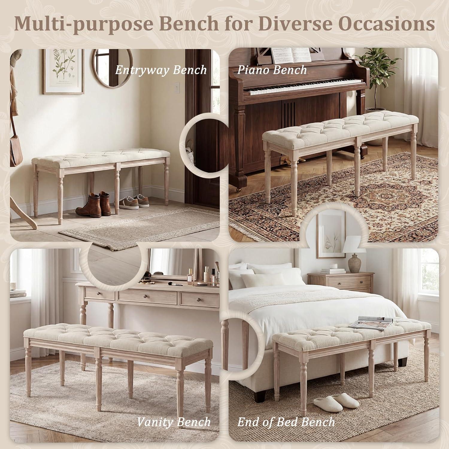 image:imageGiantex 475inches Upholstered Dining Bench ButtonTufted Table Bench with Carved Rubber Wood Legs Padded Seat Load 440Lbs Vintage End of Bed Ottoman for Entryway Living Room Bedroom 1BeigeBeige