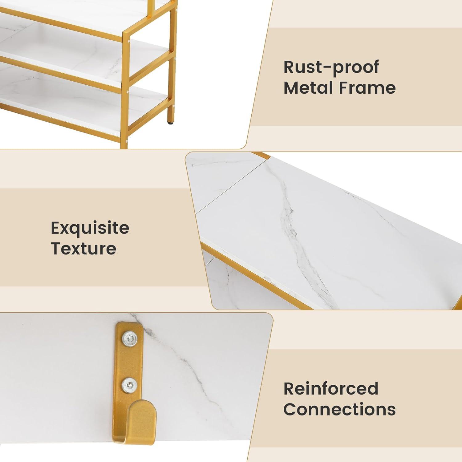 image:imageGiantex Corner Coat Rack with Shoe Bench LShaped Garment Rack with 5 Shelves amp 7 Hooks Heavy Duty Freestanding Clothes Racks Entryway Bench with Shoes Organizer for Hallway White amp GoldWhite Gold